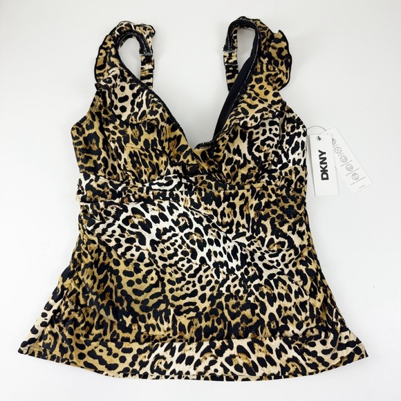 DKNY Tankini Top Womens Size Large Tan Black Animal Print Swim NWT - Picture 1 of 9